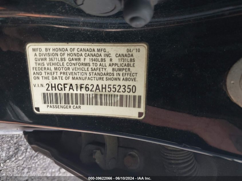 2010 Honda Civic Sdn Lx-S VIN: 2HGFA1F62AH552350 Lot: 39622066