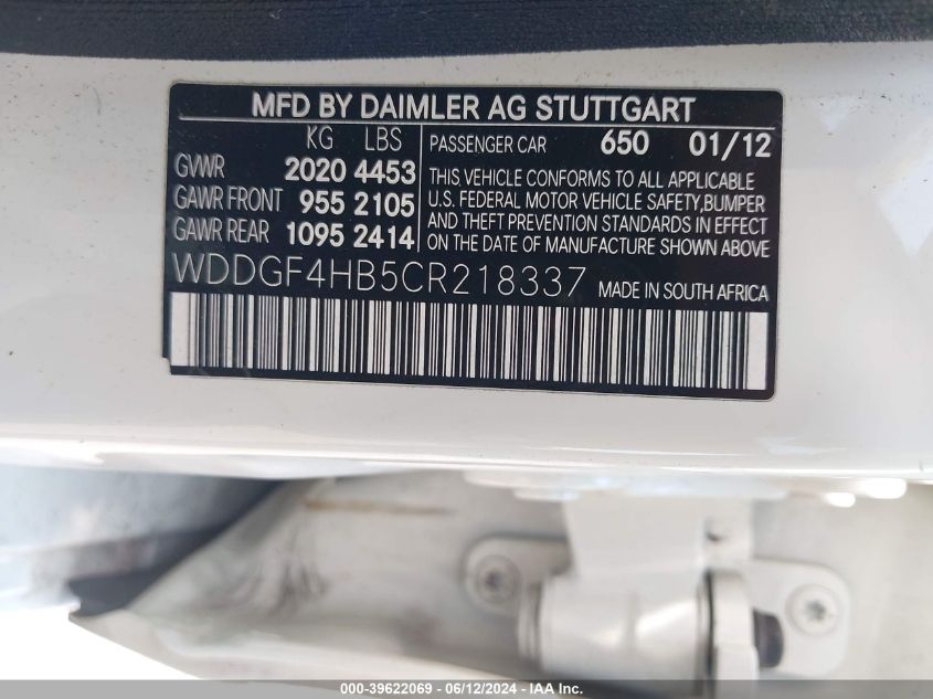 2012 Mercedes-Benz C 250 Luxury/Sport VIN: WDDGF4HB5CR218337 Lot: 39622069
