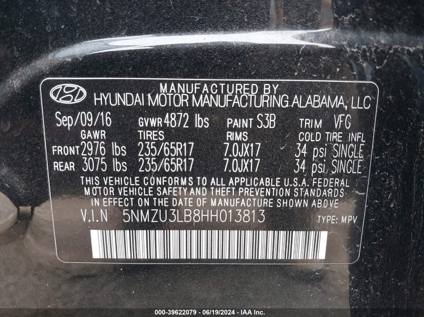 2017 Hyundai Santa Fe Sport 2.4L VIN: 5NMZU3LB8HH013813 Lot: 39622079