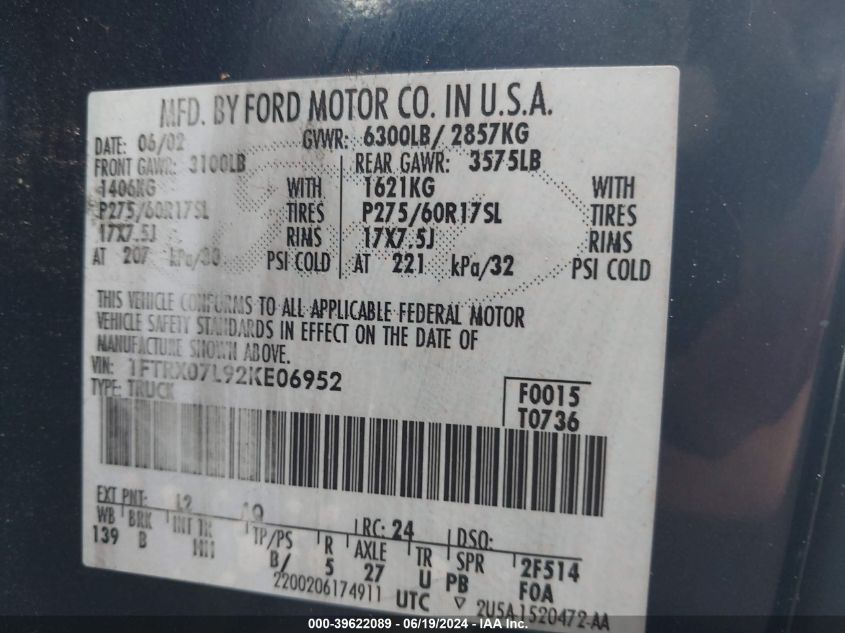 2002 Ford F150 VIN: 1FTRW07L72KC97135 Lot: 39622089