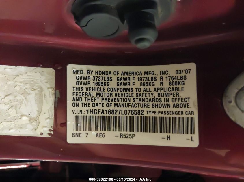 2007 Honda Civic Ex VIN: 1HGFA16827L076582 Lot: 39622106