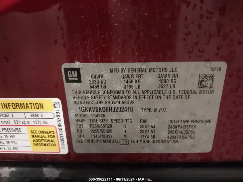 2017 GMC Acadia Limited VIN: 1GKKVSKD8HJ202410 Lot: 39622111