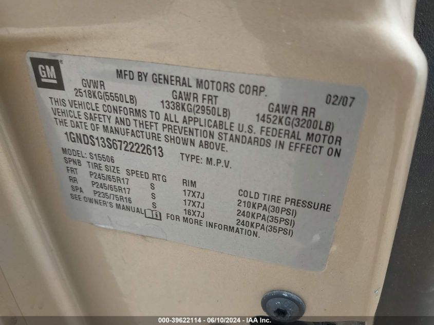 2007 Chevrolet Trailblazer Ls VIN: 1GNDS13S672222613 Lot: 39622114