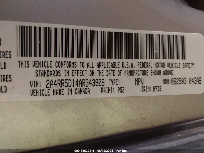 2010 Chrysler Town & Country Touring VIN: 2A4RR5D14AR343909 Lot: 39622115