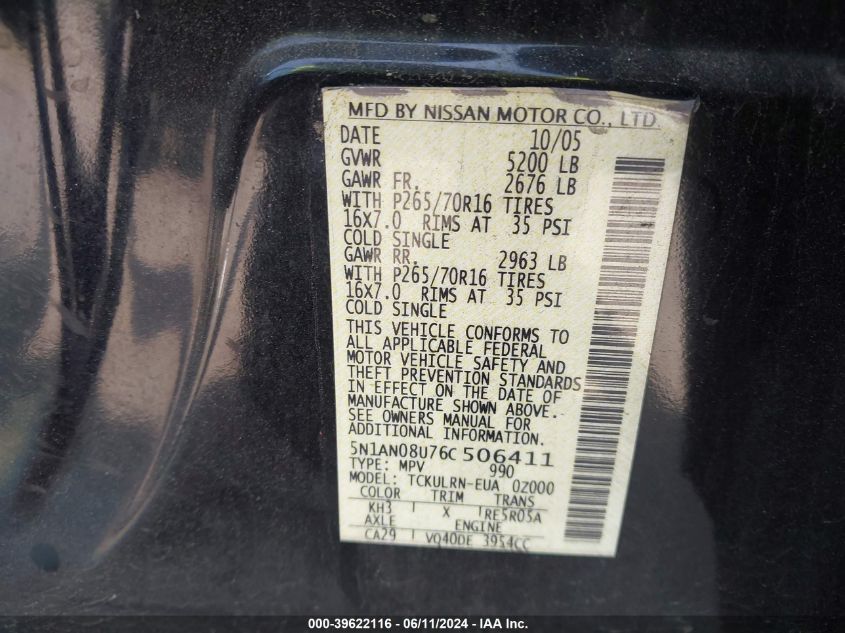2006 Nissan Xterra S VIN: 5N1AN08U76C506411 Lot: 39622116