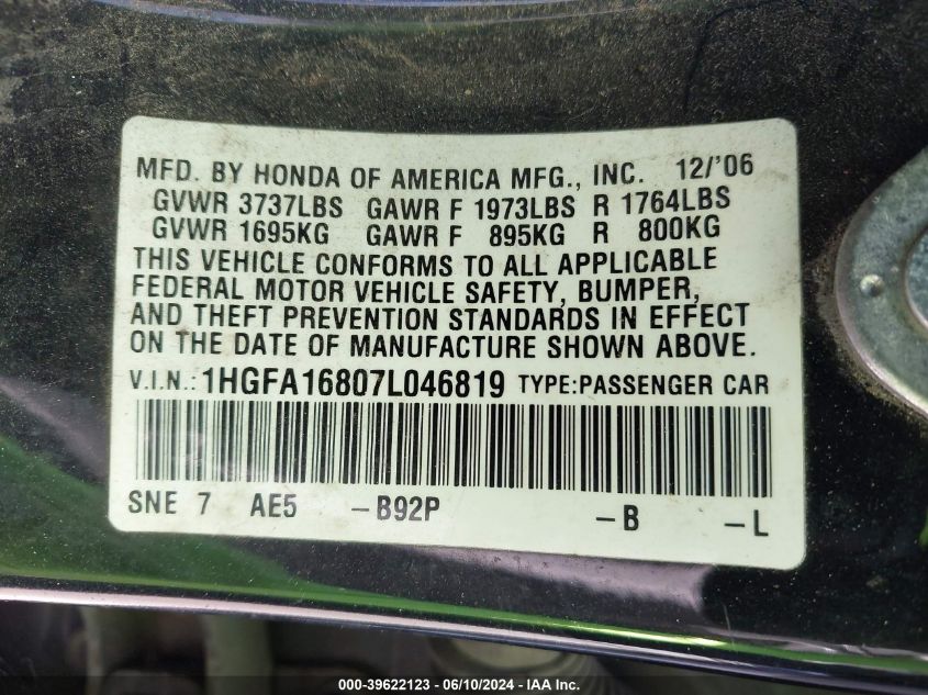 2007 Honda Civic Ex VIN: 1HGFA16807L046819 Lot: 39622123