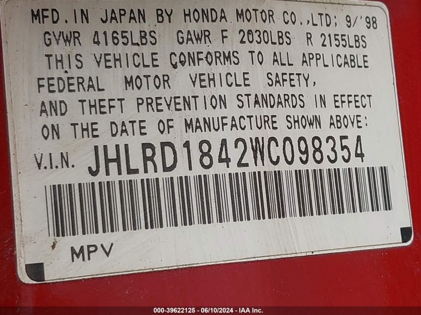 1998 Honda Cr-V Lx VIN: JHLRD1842WC098354 Lot: 39622125
