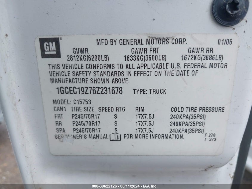2006 Chevrolet Silverado 1500 Lt1 VIN: 1GCEC19Z76Z231678 Lot: 39622126