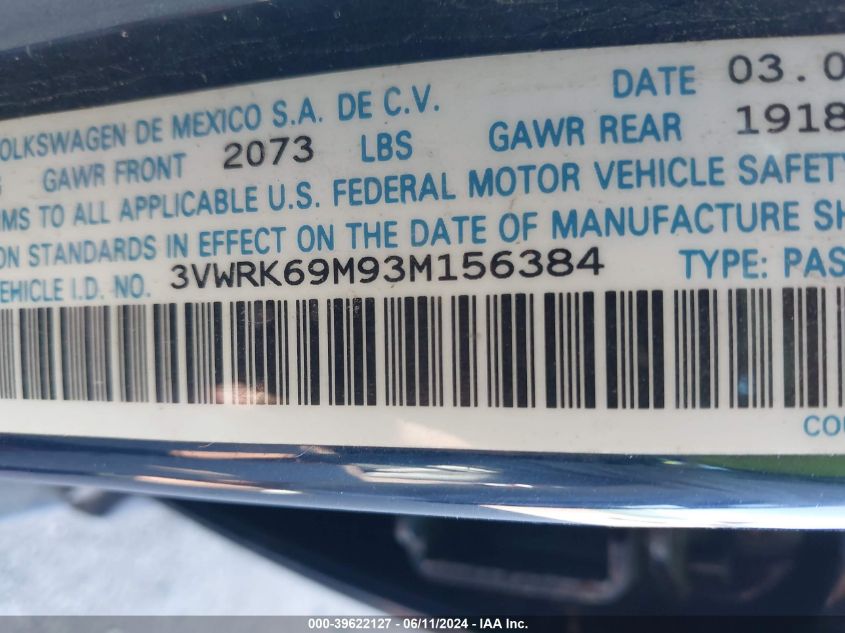 2003 Volkswagen Jetta Gl VIN: 3VWRK69M93M156384 Lot: 39622127