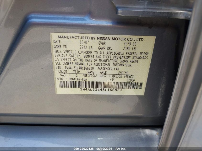 2008 Nissan Altima 2.5 S VIN: 1N4AL21E48C166829 Lot: 39622128