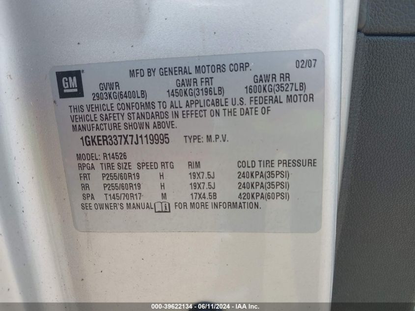 2007 GMC Acadia Slt-1 VIN: 1GKER337X7J119995 Lot: 39622134