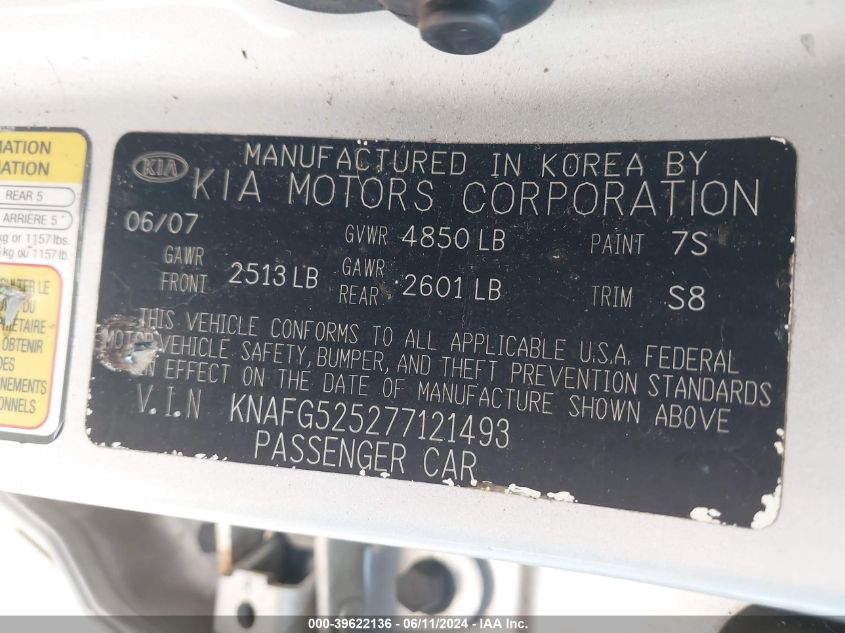 2007 Kia Rondo Lx VIN: KNAFG525277121493 Lot: 39622136