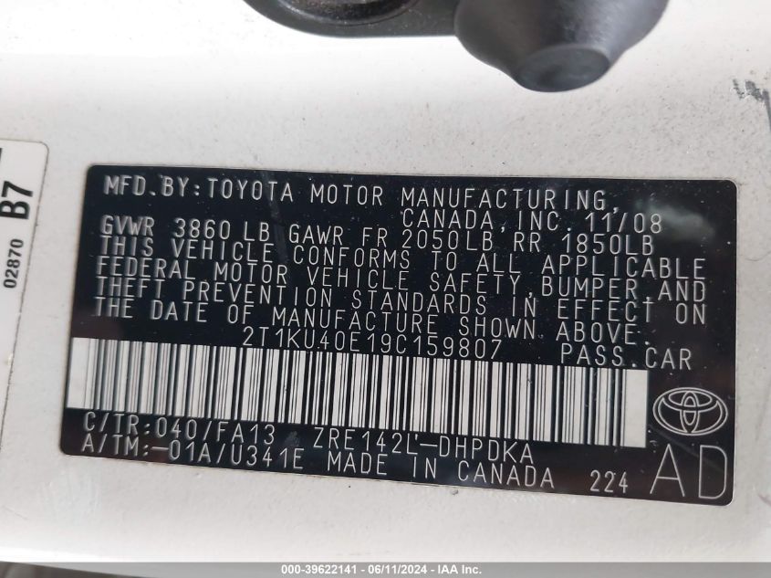 2009 Toyota Matrix VIN: 2T1KU40E19C159807 Lot: 39622141