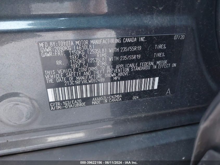 2020 Toyota Rav4 Xle Premium VIN: 2T3C1RFV8LW092489 Lot: 39622156