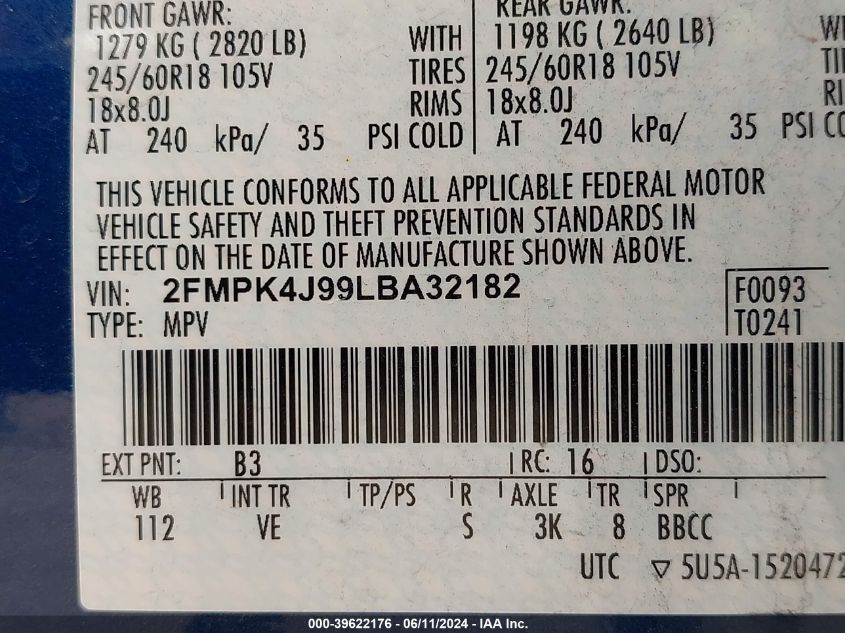 2020 Ford Edge Sel VIN: 2FMPK4J99LBA32182 Lot: 39622176