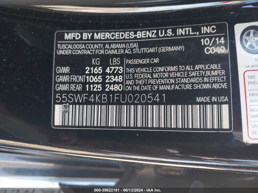 2015 Mercedes-Benz C 300 4Matic/Luxury 4Matic/Sport 4Matic VIN: 55SWF4KB1FU020541 Lot: 39622181