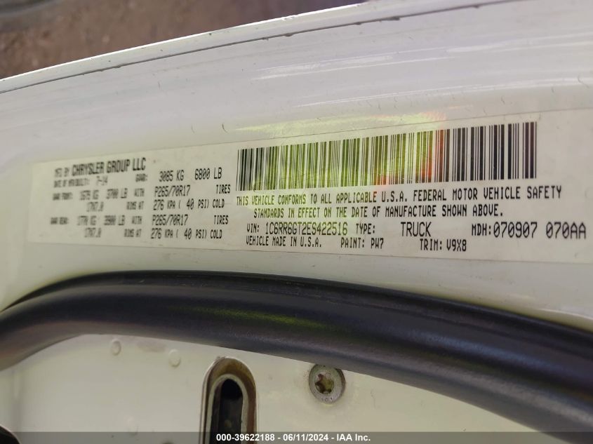 2014 Ram 1500 Slt VIN: 1C6RR6GT2ES422516 Lot: 39622188