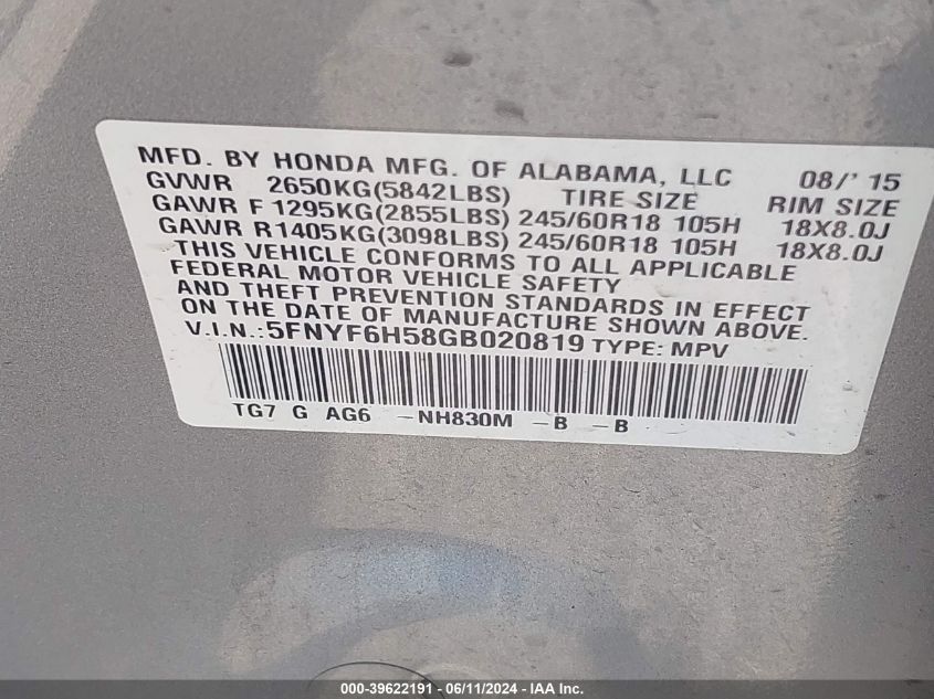2016 Honda Pilot Ex-L VIN: 5FNYF6H58GB020819 Lot: 39622191