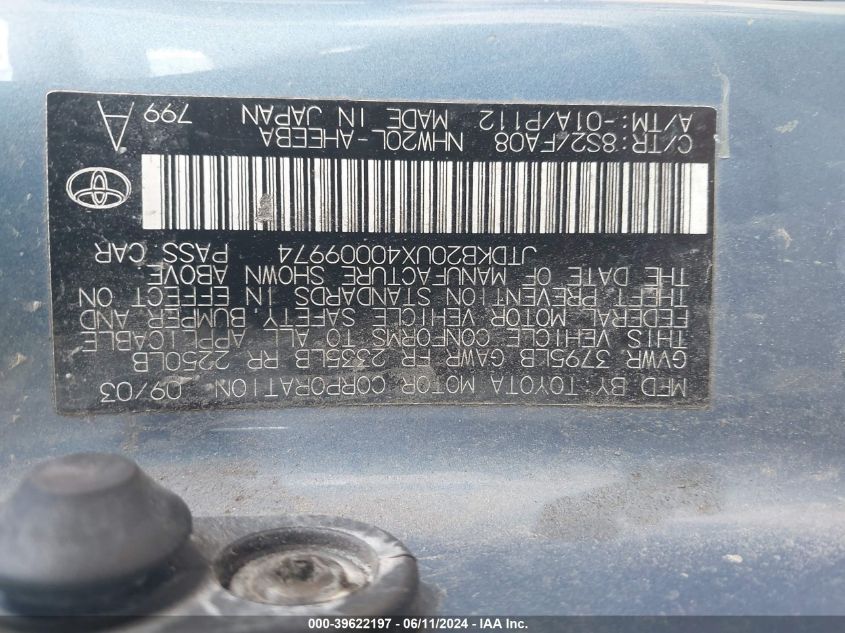 2004 Toyota Prius VIN: JTDKB20UX40009974 Lot: 39622197