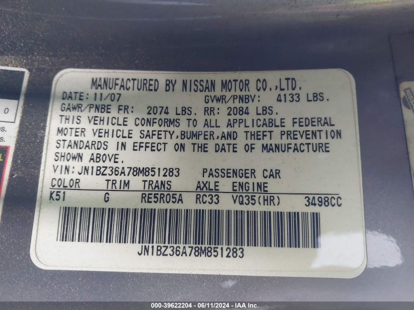 2008 Nissan 350Z Touring VIN: JN1BZ36A78M851283 Lot: 39622204
