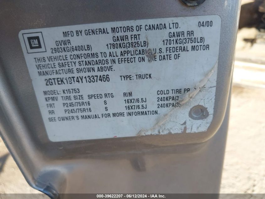 2000 GMC Sierra 1500 Sle VIN: 2GTEK19T4Y1337466 Lot: 39622207
