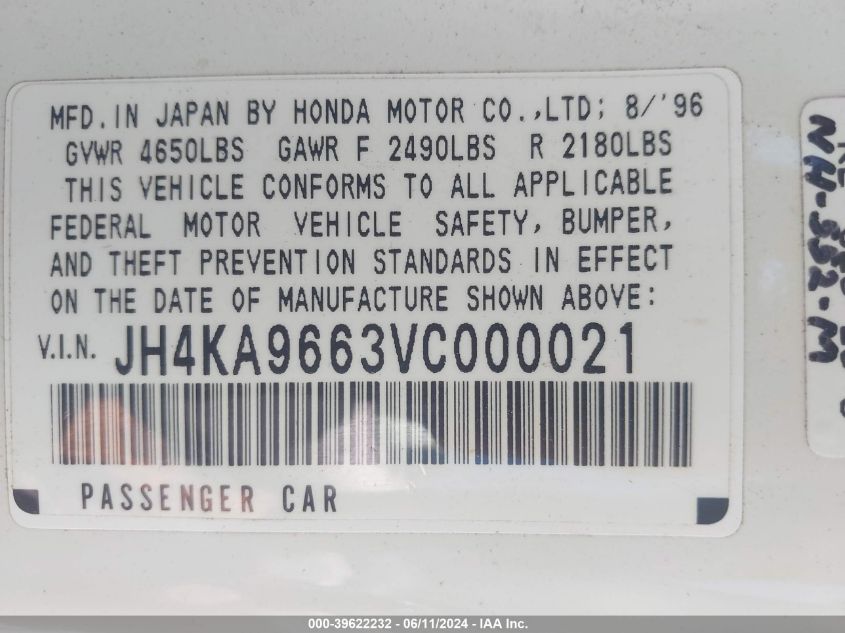 1997 Acura Rl 3.5 VIN: JH4KA9663VC000021 Lot: 39622232