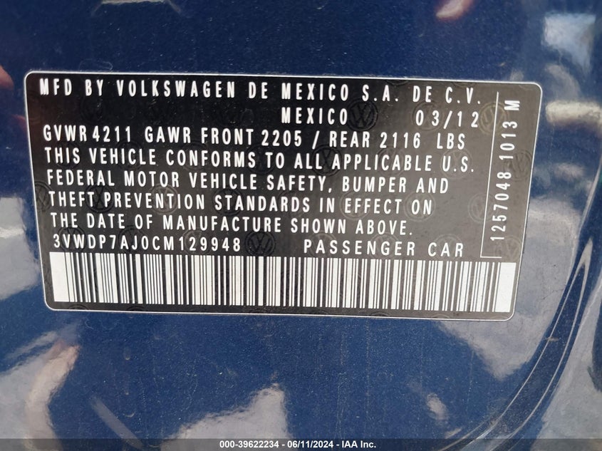 2012 Volkswagen Jetta 2.5L Se VIN: 3VWDP7AJ0CM129948 Lot: 39622234