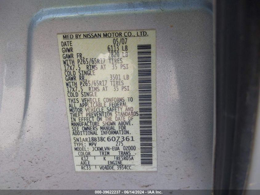 2008 Nissan Pathfinder Le VIN: 5N1AR18B38C607361 Lot: 39622237