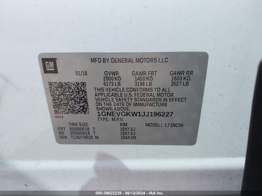 2018 Chevrolet Traverse 1Lt VIN: 1GNEVGKW1JJ196227 Lot: 39622239