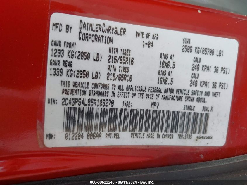 2005 Chrysler Town & Country Touring VIN: 2C4GP54L95R103278 Lot: 39622240