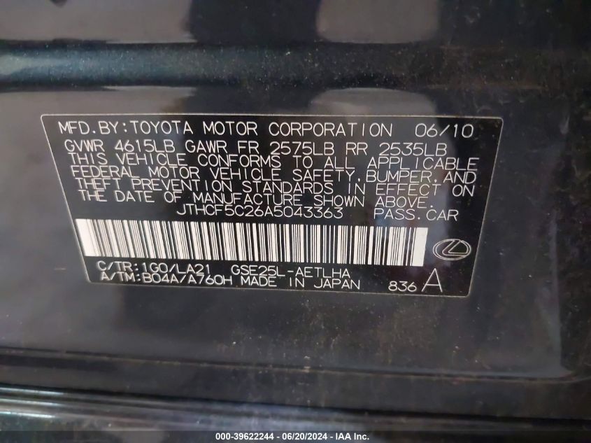 2010 Lexus Is 250 VIN: JTHCF5C26A5043363 Lot: 39622244