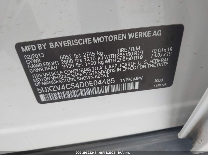 2013 BMW X5 xDrive35I/xDrive35I Premium/xDrive35I Sport Activity VIN: 5UXZV4C54D0E04465 Lot: 39622247