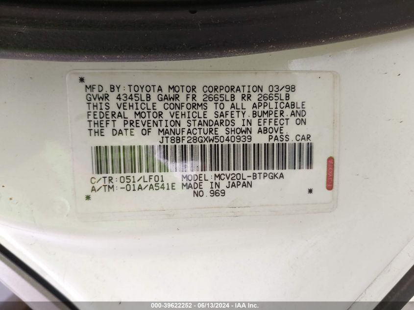 1998 Lexus Es 300 VIN: JT8BF28GXW5040939 Lot: 39622252