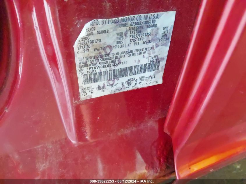 2002 Ford F-150 Lariat/Xlt VIN: 1FTRW08L82KD77154 Lot: 39622253