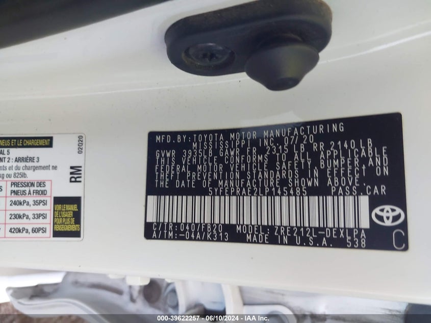 2020 TOYOTA COROLLA LE - 5YFEPRAE2LP145485