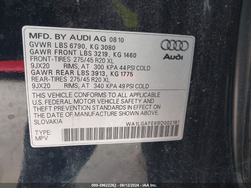 2011 Audi Q7 3.0T Premium VIN: WA1LGAFE6BD002181 Lot: 39622262