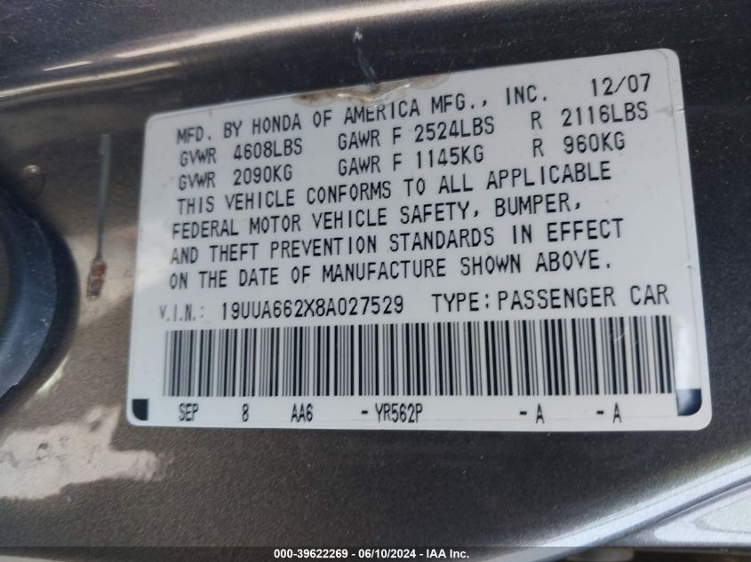 2008 Acura Tl VIN: 19UUA662X8A027529 Lot: 39622269