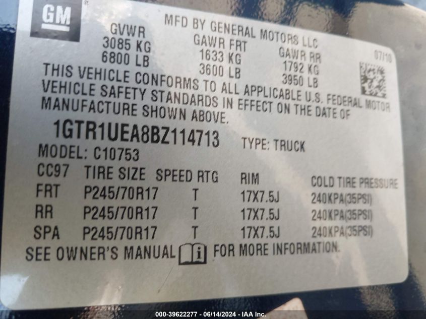 2011 GMC Sierra 1500 Sl VIN: 1GTR1UEA8BZ114713 Lot: 39622277