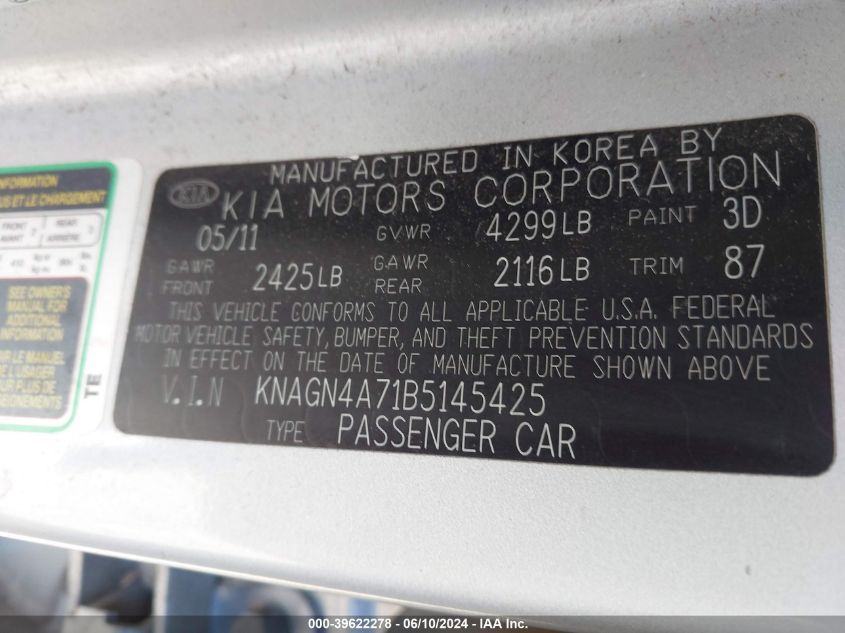 2011 Kia Optima Ex VIN: KNAGN4A71B5145425 Lot: 39622278