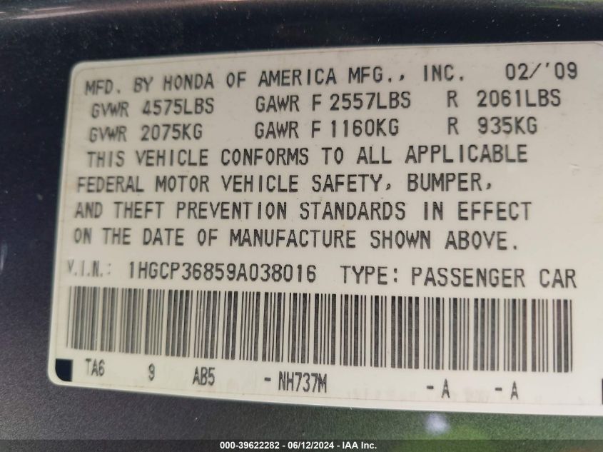 2009 Honda Accord 3.5 Ex-L VIN: 1HGCP36859A038016 Lot: 39622282