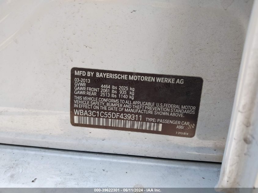 2013 BMW 328I VIN: WBA3C1C55DF439311 Lot: 39622301