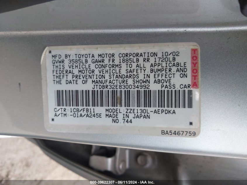 2003 Toyota Corolla Ce VIN: JTDBR32E830034992 Lot: 39622307