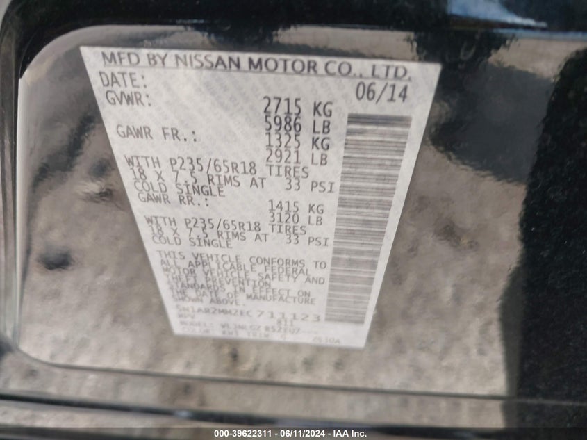 2014 Nissan Pathfinder Sl VIN: 5N1AR2MM2EC711123 Lot: 39622311