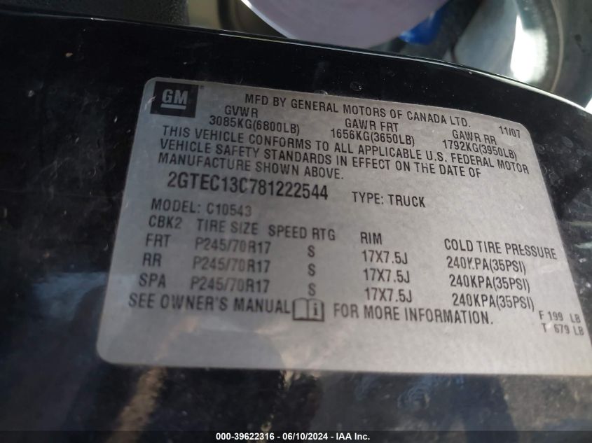 2008 GMC Sierra 1500 Sle1 VIN: 2GTEC13C781222544 Lot: 39622316