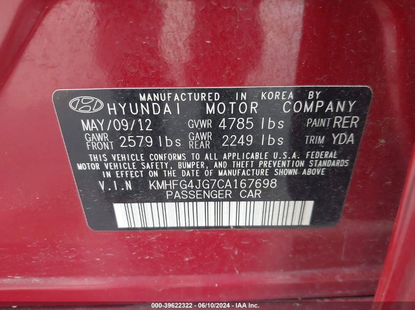 KMHFG4JG7CA167698 2012 Hyundai Azera