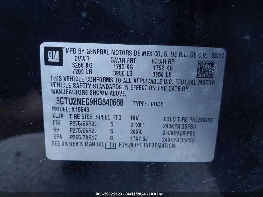 2017 GMC Sierra 1500 Slt VIN: 3GTU2NEC9HG340668 Lot: 39622329