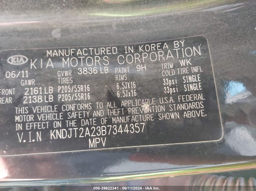 2011 Kia Soul + VIN: KNDJT2A23B7344357 Lot: 39622341