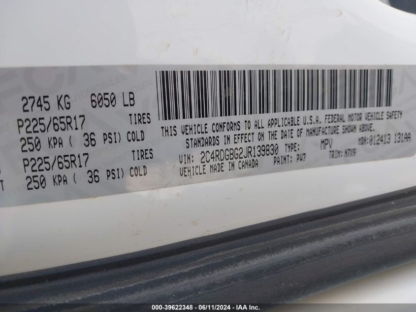 2018 Dodge Grand Caravan Se Plus VIN: 2C4RDGBG2JR139830 Lot: 39622348