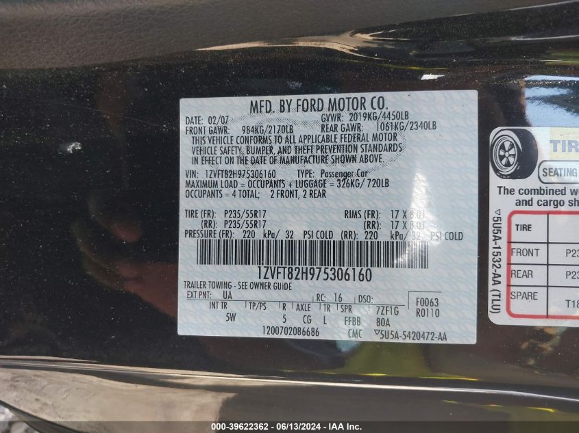 2007 Ford Mustang Gt Deluxe/Gt Premium VIN: 1ZVFT82H975306160 Lot: 39622362