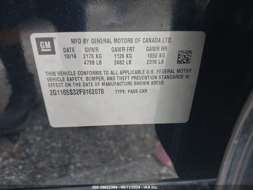 2015 Chevrolet Impala 2Lz VIN: 2G1165S32F9162078 Lot: 39622364